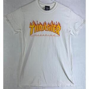 Thrasher Magazine Flame Logo White T-Shirt Y2k 90s Skater Punk Thrash Metal